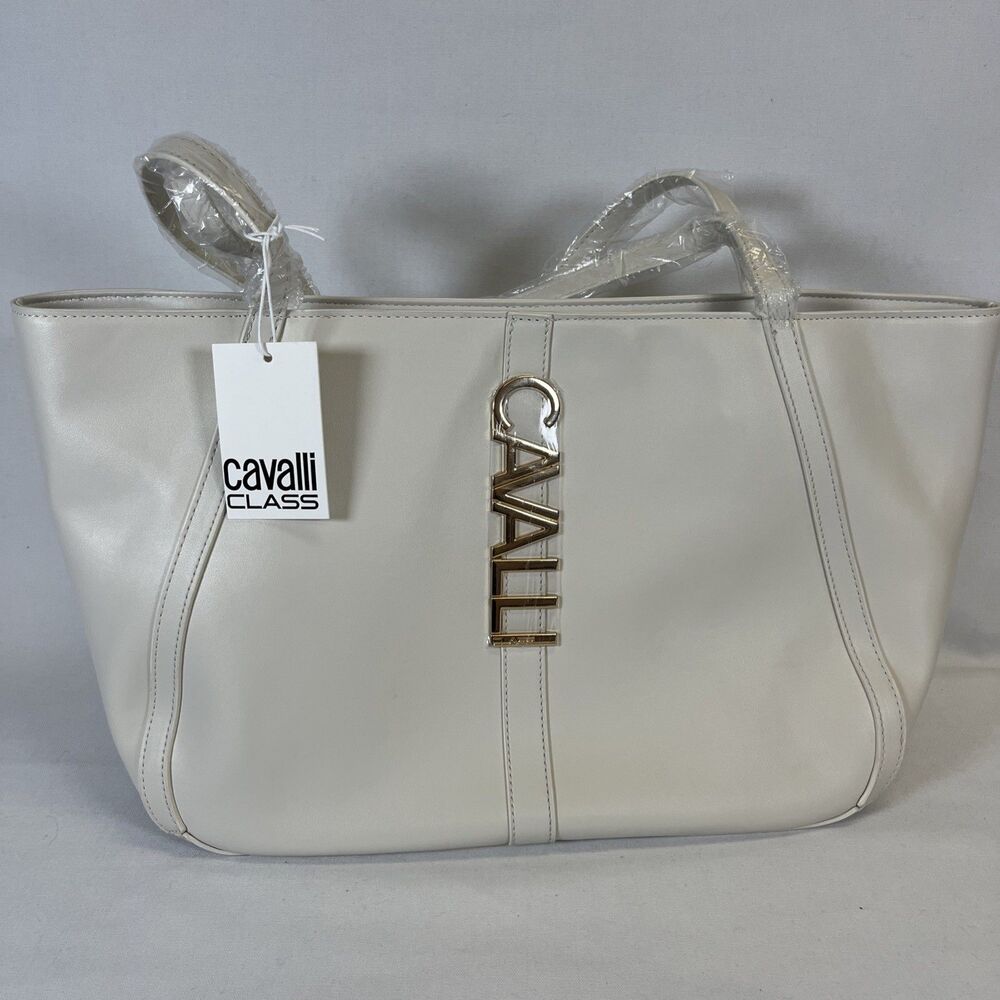 Cavalli Class Sandra White Asparagus Cream Faux Leather Tote Bag NWT